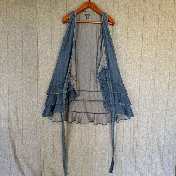 Lauren Ralph Lauren Cotton Denim Triple Ruffle Hem True  Wrap Midi Dress Size 10 - Picture 6 of 14